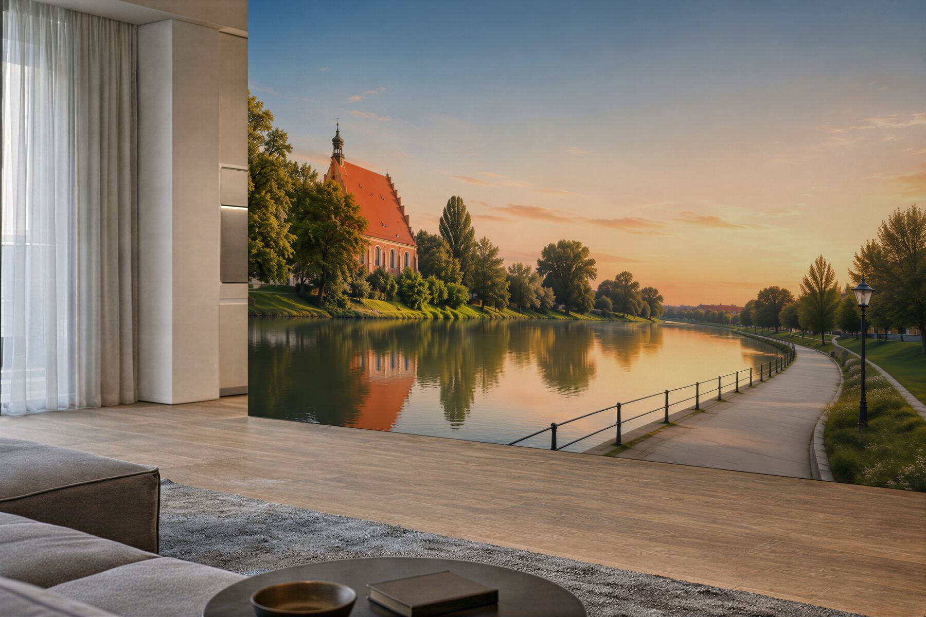Fototapeta Architektura miasta Bydgoszcz z odbiciem w rzece Brda o zachodzie słońca?v23